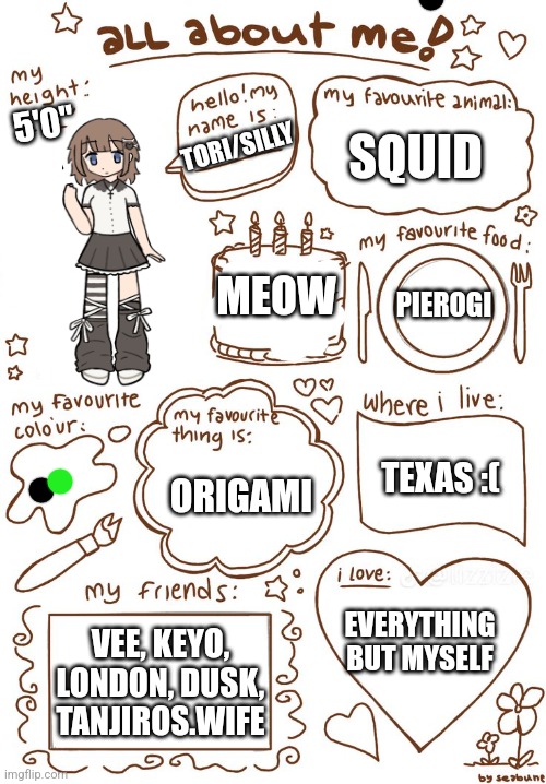 Heh.. :3 | 5'0"; SQUID; TORI/SILLY; MEOW; PIEROGI; ORIGAMI; TEXAS :(; EVERYTHING BUT MYSELF; VEE, KEYO, LONDON, DUSK, TANJIROS.WIFE | image tagged in all about meh | made w/ Imgflip meme maker