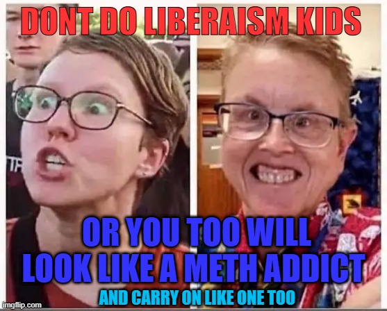 DONT DO LIBERAISM KIDS; OR YOU TOO WILL LOOK LIKE A METH ADDICT; AND CARRY ON LIKE ONE TOO | made w/ Imgflip meme maker
