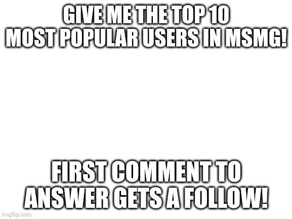 QUIZ TIME WITH ALGAE [[part 2]] | GIVE ME THE TOP 10 MOST POPULAR USERS IN MSMG! FIRST COMMENT TO ANSWER GETS A FOLLOW! | image tagged in blank white template | made w/ Imgflip meme maker