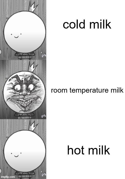 cold milk; room temperature milk; hot milk | image tagged in memes,blank transparent square,milk | made w/ Imgflip meme maker