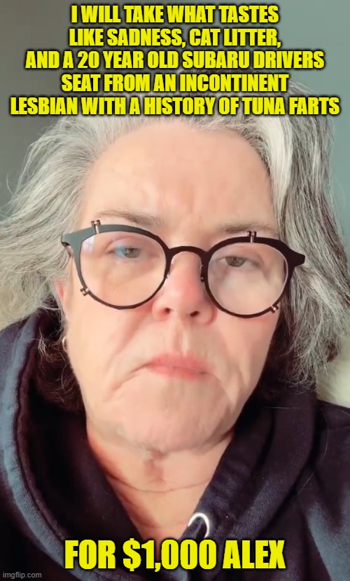 When I saw this on my feed this was my first literal thought | I WILL TAKE WHAT TASTES LIKE SADNESS, CAT LITTER, AND A 20 YEAR OLD SUBARU DRIVERS SEAT FROM AN INCONTINENT LESBIAN WITH A HISTORY OF TUNA FARTS; FOR $1,000 ALEX | image tagged in rosie o'donnell,alex trebek,jeopardy,donald trump,maga,rosie | made w/ Imgflip meme maker