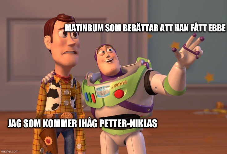 X, X Everywhere Meme | MATINBUM SOM BERÄTTAR ATT HAN FÅTT EBBE; JAG SOM KOMMER IHÅG PETTER-NIKLAS | image tagged in memes,x x everywhere | made w/ Imgflip meme maker