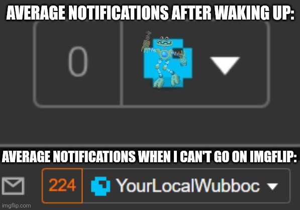 AVERAGE NOTIFICATIONS AFTER WAKING UP:; AVERAGE NOTIFICATIONS WHEN I CAN'T GO ON IMGFLIP: | image tagged in 224 notifications | made w/ Imgflip meme maker
