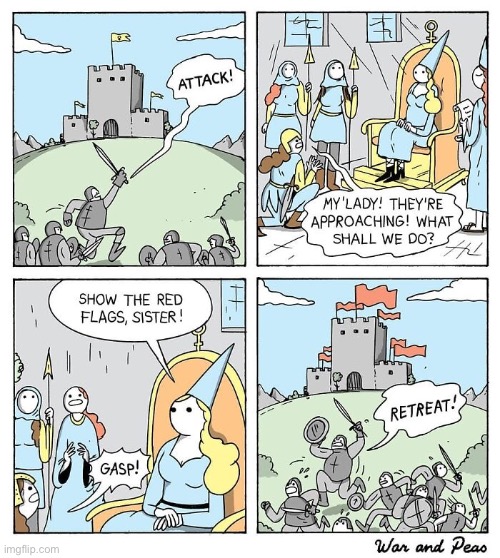 War and Peas | image tagged in comics,war and peas,castle,advancing army,queen,red flags | made w/ Imgflip meme maker