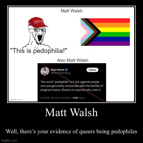 Matt Walsh | Well, there’s your evidence of queers being pedophiles | image tagged in funny,demotivationals,conservative hypocrisy,homophobia,pedophile | made w/ Imgflip demotivational maker