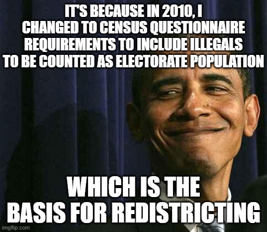 obama smug face | IT'S BECAUSE IN 2010, I CHANGED TO CENSUS QUESTIONNAIRE REQUIREMENTS TO INCLUDE ILLEGALS TO BE COUNTED AS ELECTORATE POPULATION WHICH IS THE | image tagged in obama smug face | made w/ Imgflip meme maker