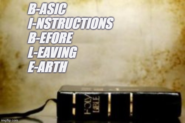 bible | B-ASIC
          I-NSTRUCTIONS
          B-EFORE
          L-EAVING
          E-ARTH | image tagged in bible,word of god,life,scripture | made w/ Imgflip meme maker