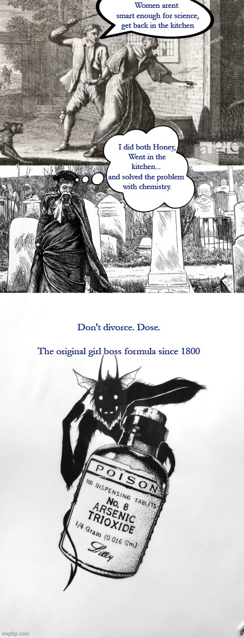 Victorian Times | Women arent 
smart enough for science,
get back in the kitchen; I did both Honey,
Went in the kitchen... 
and solved the problem 
with chemistry. Don't divorce. Dose.
 
The original girl boss formula since 1800 | image tagged in rest in poison meme,1800's meme,victorian meme,women cant vote meme | made w/ Imgflip meme maker