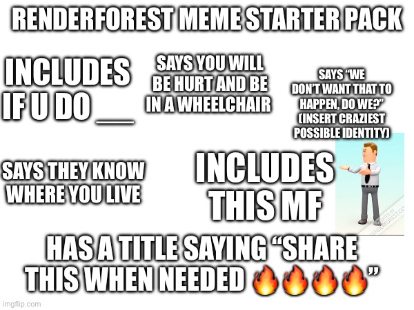 “If you don’t upvote my meme one more time, you will end up here ? .” | RENDERFOREST MEME STARTER PACK; SAYS YOU WILL BE HURT AND BE IN A WHEELCHAIR; INCLUDES IF U DO __; SAYS “WE DON’T WANT THAT TO HAPPEN, DO WE?” (INSERT CRAZIEST POSSIBLE IDENTITY); SAYS THEY KNOW WHERE YOU LIVE; INCLUDES THIS MF; HAS A TITLE SAYING “SHARE THIS WHEN NEEDED 🔥🔥🔥🔥” | image tagged in youtube,starter pack | made w/ Imgflip meme maker