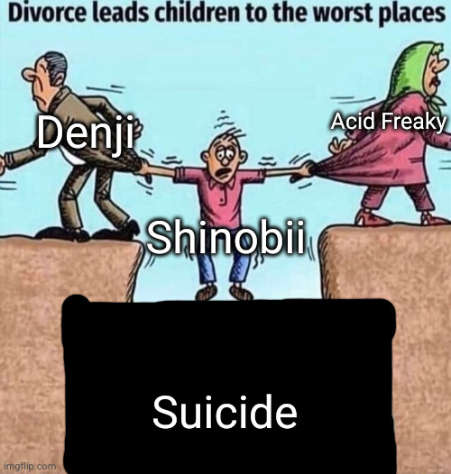 don't do this to me guys | Denji; Acid Freaky; Shinobii; Suicide | image tagged in divorce leads children to the worst places,denji,acid freak,shinobii,suicide,help | made w/ Imgflip meme maker