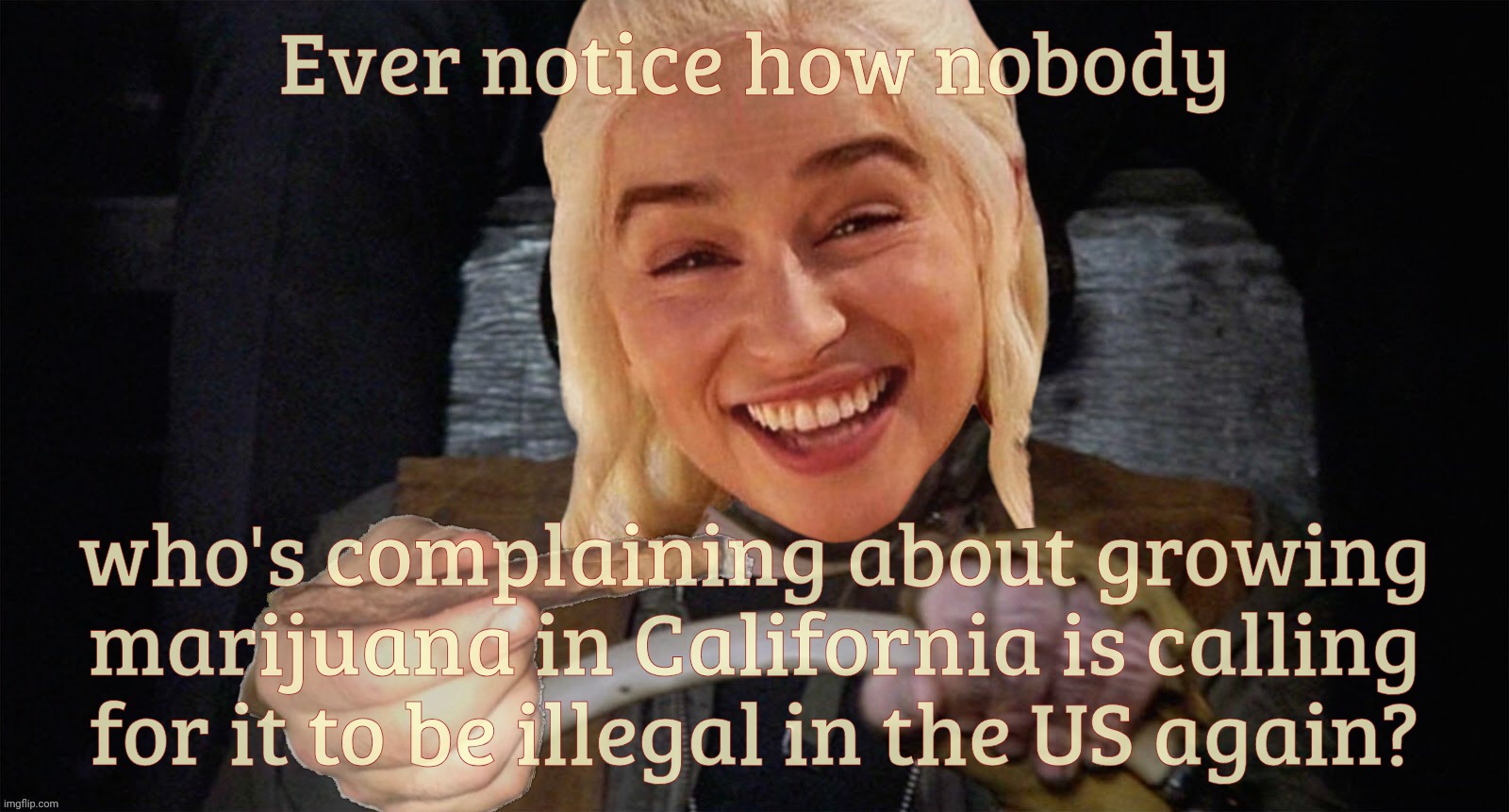 Ever notice how nobody; who's complaining about growing marijuana in California is calling for it to be illegal in the US again? | made w/ Imgflip meme maker