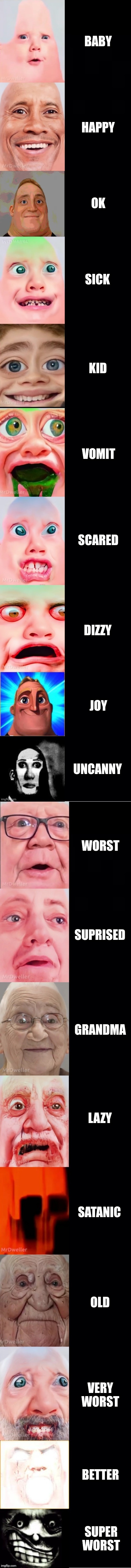 Mr incredible becoming vomit (Emotions) | BABY; HAPPY; OK; SICK; KID; VOMIT; SCARED; DIZZY; JOY; UNCANNY; WORST; SUPRISED; GRANDMA; LAZY; SATANIC; OLD; VERY WORST; BETTER; SUPER WORST | image tagged in mrlucky template | made w/ Imgflip meme maker