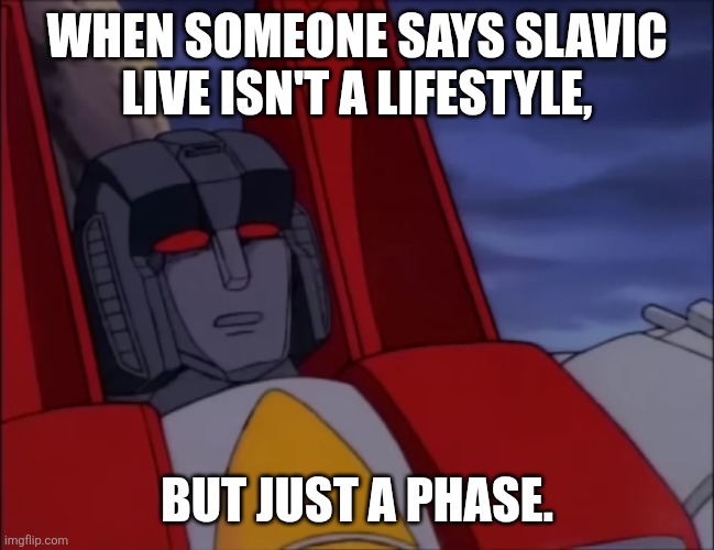 starscream disgusted | WHEN SOMEONE SAYS SLAVIC LIVE ISN'T A LIFESTYLE, BUT JUST A PHASE. | image tagged in starscream disgusted,slavic lives matter | made w/ Imgflip meme maker