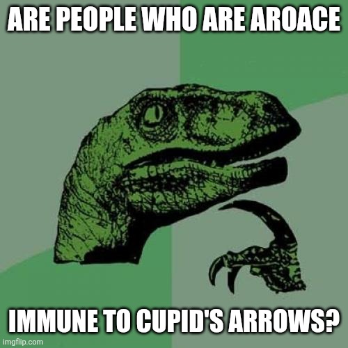 Aroace meme | ARE PEOPLE WHO ARE AROACE; IMMUNE TO CUPID'S ARROWS? | image tagged in memes,philosoraptor | made w/ Imgflip meme maker