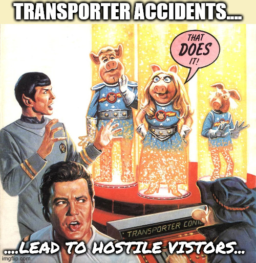 Transporter Accidents | TRANSPORTER ACCIDENTS.... ....LEAD TO HOSTILE VISTORS... | image tagged in star trek,transporter,pigs in space,the muppets,muppets meme | made w/ Imgflip meme maker