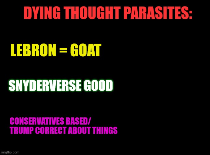 blank black | DYING THOUGHT PARASITES:; LEBRON = GOAT; SNYDERVERSE GOOD; CONSERVATIVES BASED/
TRUMP CORRECT ABOUT THINGS | image tagged in blank black | made w/ Imgflip meme maker