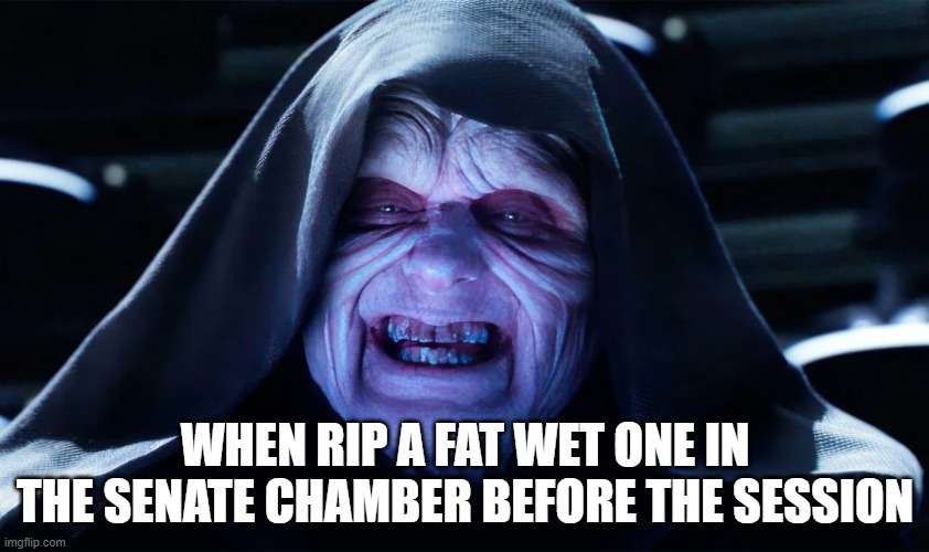 Palpatoot | WHEN RIP A FAT WET ONE IN THE SENATE CHAMBER BEFORE THE SESSION | image tagged in star wars,emperor palpatine | made w/ Imgflip meme maker