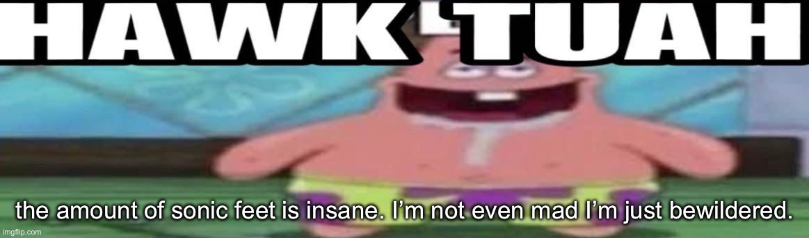 hawk tuah patrick v2 | the amount of sonic feet is insane. I’m not even mad I’m just bewildered. | image tagged in hawk tuah patrick v2 | made w/ Imgflip meme maker