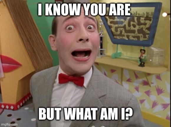 Peewee Herman secret word of the day | I KNOW YOU ARE BUT WHAT AM I? | image tagged in peewee herman secret word of the day | made w/ Imgflip meme maker