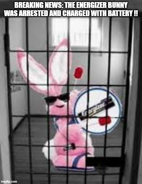 NEWS ALERT: The Energizer bunny has been arrested for battery !! | BREAKING NEWS: THE ENERGIZER BUNNY WAS ARRESTED AND CHARGED WITH BATTERY !! | image tagged in funny,bunny,humor,battery,arrested,rabbit | made w/ Imgflip meme maker