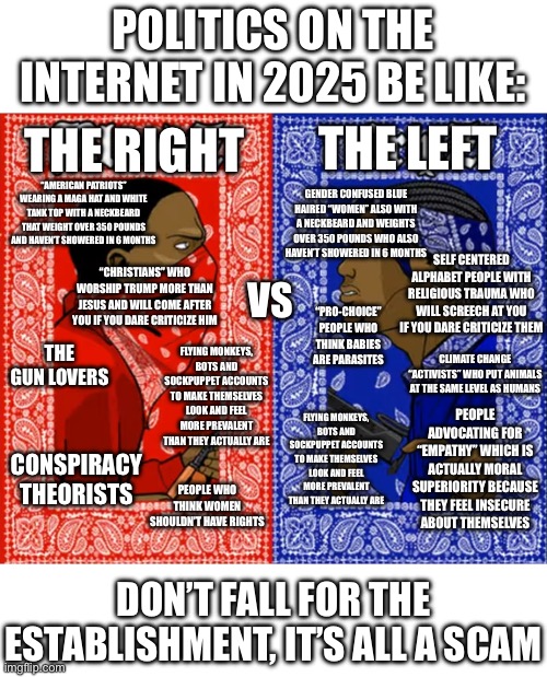 which side are you on | POLITICS ON THE INTERNET IN 2025 BE LIKE:; THE RIGHT; THE LEFT; “AMERICAN PATRIOTS” WEARING A MAGA HAT AND WHITE TANK TOP WITH A NECKBEARD THAT WEIGHT OVER 350 POUNDS AND HAVEN’T SHOWERED IN 6 MONTHS; GENDER CONFUSED BLUE HAIRED “WOMEN” ALSO WITH A NECKBEARD AND WEIGHTS OVER 350 POUNDS WHO ALSO HAVEN’T SHOWERED IN 6 MONTHS; SELF CENTERED ALPHABET PEOPLE WITH RELIGIOUS TRAUMA WHO WILL SCREECH AT YOU IF YOU DARE CRITICIZE THEM; “CHRISTIANS” WHO WORSHIP TRUMP MORE THAN JESUS AND WILL COME AFTER YOU IF YOU DARE CRITICIZE HIM; VS; “PRO-CHOICE” PEOPLE WHO THINK BABIES ARE PARASITES; FLYING MONKEYS, BOTS AND SOCKPUPPET ACCOUNTS TO MAKE THEMSELVES LOOK AND FEEL MORE PREVALENT THAN THEY ACTUALLY ARE; THE GUN LOVERS; CLIMATE CHANGE “ACTIVISTS” WHO PUT ANIMALS AT THE SAME LEVEL AS HUMANS; FLYING MONKEYS, BOTS AND SOCKPUPPET ACCOUNTS TO MAKE THEMSELVES LOOK AND FEEL MORE PREVALENT THAN THEY ACTUALLY ARE; PEOPLE ADVOCATING FOR “EMPATHY” WHICH IS ACTUALLY MORAL SUPERIORITY BECAUSE THEY FEEL INSECURE ABOUT THEMSELVES; CONSPIRACY THEORISTS; PEOPLE WHO THINK WOMEN SHOULDN’T HAVE RIGHTS; DON’T FALL FOR THE ESTABLISHMENT, IT’S ALL A SCAM | image tagged in which side are you on | made w/ Imgflip meme maker