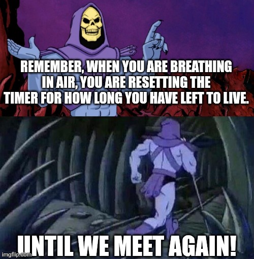 Dammit Skeletor | REMEMBER, WHEN YOU ARE BREATHING IN AIR, YOU ARE RESETTING THE TIMER FOR HOW LONG YOU HAVE LEFT TO LIVE. UNTIL WE MEET AGAIN! | image tagged in he man skeleton advices | made w/ Imgflip meme maker