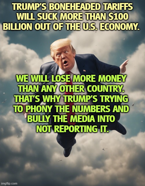 Trump in freefall, taking the American economy with him | TRUMP'S BONEHEADED TARIFFS WILL SUCK MORE THAN $100 BILLION OUT OF THE U.S. ECONOMY. WE WILL LOSE MORE MONEY 

THAN ANY OTHER COUNTRY. 
THAT'S WHY TRUMP'S TRYING 
TO PHONY THE NUMBERS AND 
BULLY THE MEDIA INTO 
NOT REPORTING IT. | image tagged in trump in freefall taking the american economy with him,trump,tariffs,economy,disaster | made w/ Imgflip meme maker