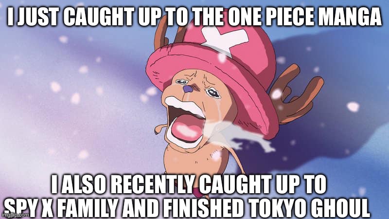 I finished my summer goal 3 weeks early. | I JUST CAUGHT UP TO THE ONE PIECE MANGA; I ALSO RECENTLY CAUGHT UP TO SPY X FAMILY AND FINISHED TOKYO GHOUL | image tagged in crying chopper one piece | made w/ Imgflip meme maker