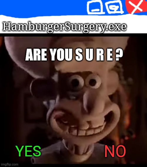 WE NEED TO BE SURE YOU WANT HAMBURGER SURGERY | HamburgerSurgery.exe; ARE YOU S U R E ? YES; NO | image tagged in priest from wallace and gromit | made w/ Imgflip meme maker