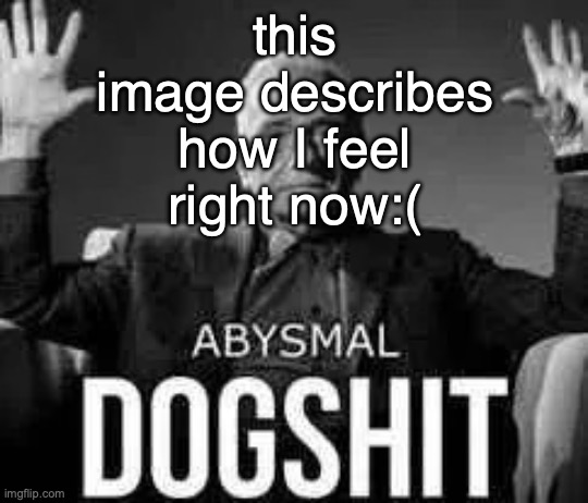 Abysmal dogshit | this image describes how I feel right now:( | image tagged in abysmal dogshit | made w/ Imgflip meme maker