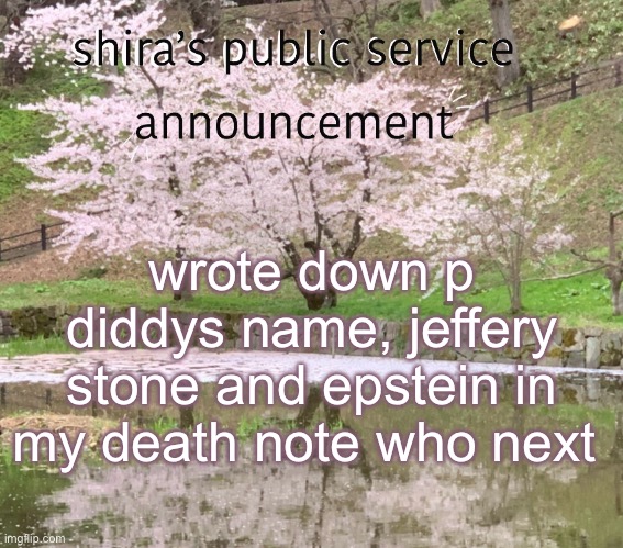 shira’s PSA | wrote down p diddys name, jeffery stone and epstein in my death note who next | image tagged in shira s psa | made w/ Imgflip meme maker
