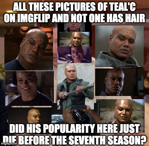 just curious | ALL THESE PICTURES OF TEAL'C ON IMGFLIP AND NOT ONE HAS HAIR; DID HIS POPULARITY HERE JUST DIE BEFORE THE SEVENTH SEASON? | image tagged in memes,afraid to ask andy | made w/ Imgflip meme maker