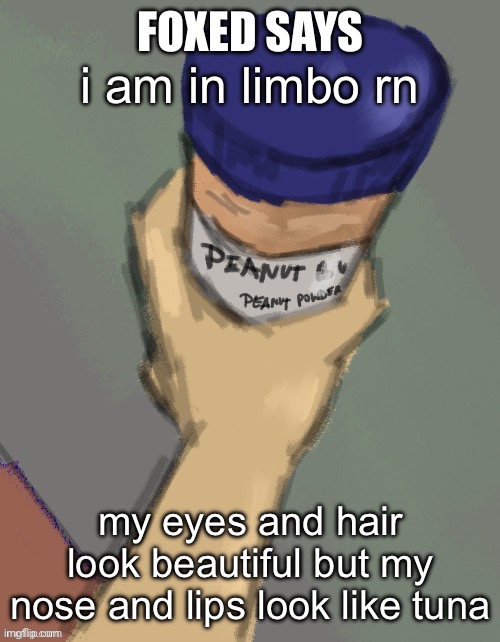 foxed temp (thanks disco) | i am in limbo rn; my eyes and hair look beautiful but my nose and lips look like tuna | image tagged in foxed temp thanks disco | made w/ Imgflip meme maker