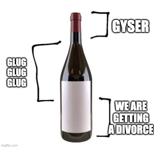 how wine be in the average household as far as i know | GYSER; GLUG GLUG GLUG; WE ARE GETTING A DIVORCE | image tagged in wine bottle | made w/ Imgflip meme maker