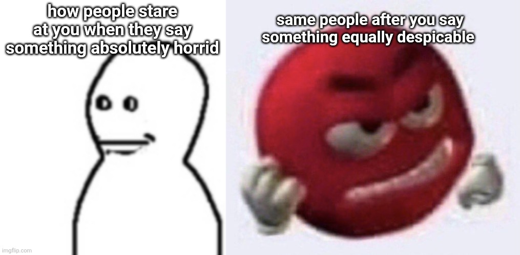 same people after you say something equally despicable; how people stare at you when they say something absolutely horrid | image tagged in fallenchungus guy straight face,red m m angry | made w/ Imgflip meme maker