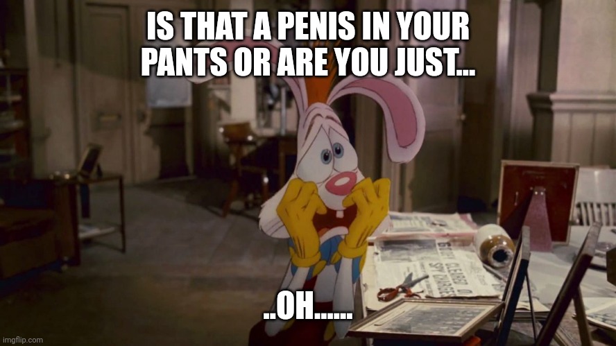 IS THAT A PENIS IN YOUR PANTS OR ARE YOU JUST... ..OH...... | image tagged in roger rabbit | made w/ Imgflip meme maker