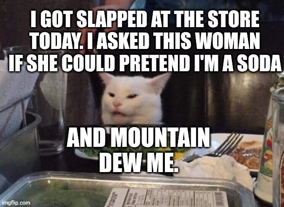 Smudge that darn cat | I GOT SLAPPED AT THE STORE TODAY. I ASKED THIS WOMAN IF SHE COULD PRETEND I'M A SODA; AND MOUNTAIN DEW ME. | image tagged in smudge that darn cat | made w/ Imgflip meme maker