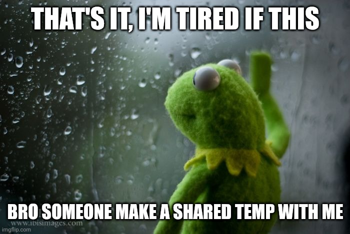 Please, I'm lonely :< | THAT'S IT, I'M TIRED IF THIS; BRO SOMEONE MAKE A SHARED TEMP WITH ME | image tagged in kermit window | made w/ Imgflip meme maker