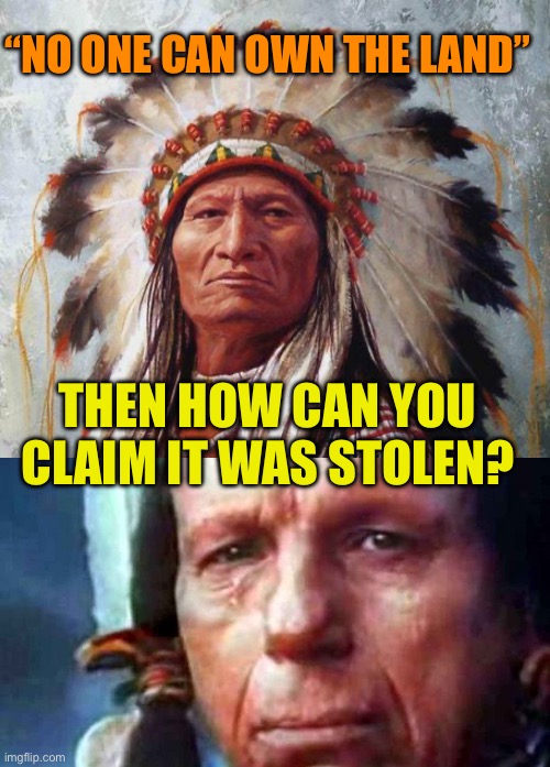 Indians held land by force, stop with the revisionist bs | “NO ONE CAN OWN THE LAND”; THEN HOW CAN YOU CLAIM IT WAS STOLEN? | image tagged in chief sitting bull,crying indian,indians were warriors,sided with the british and lost,sided with the french and lost | made w/ Imgflip meme maker
