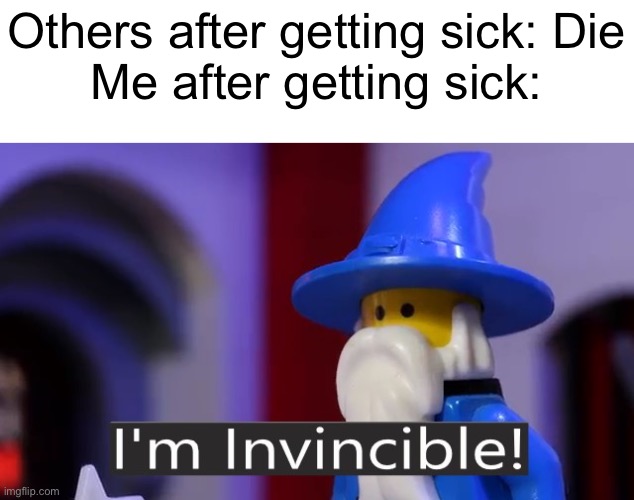 I survived all of my sicknesses | Others after getting sick: Die
Me after getting sick: | image tagged in i'm invincible,sickness,unlimited power | made w/ Imgflip meme maker