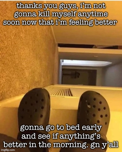 i’m gonna fall | thanks you guys, i’m not gonna kill myself anytime soon now that i’m feeling better; gonna go to bed early and see if anything’s better in the morning. gn y’all | image tagged in i m gonna fall | made w/ Imgflip meme maker