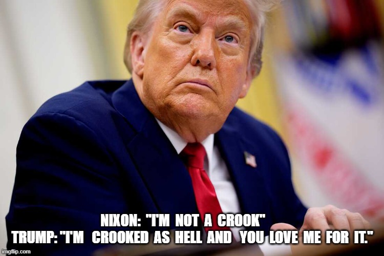 Evolution of America | NIXON:  "I'M  NOT  A  CROOK"       

TRUMP: "I'M   CROOKED  AS  HELL  AND   YOU  LOVE  ME  FOR  IT." | image tagged in maga | made w/ Imgflip meme maker
