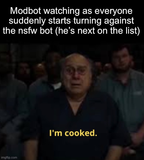 I'm cooked meme | Modbot watching as everyone suddenly starts turning against the nsfw bot (he’s next on the list) | image tagged in i'm cooked meme | made w/ Imgflip meme maker