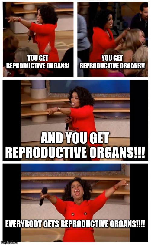 Oprah You Get A Car Everybody Gets A Car Meme | YOU GET REPRODUCTIVE ORGANS! YOU GET REPRODUCTIVE ORGANS!! AND YOU GET REPRODUCTIVE ORGANS!!! EVERYBODY GETS REPRODUCTIVE ORGANS!!!! | image tagged in memes,oprah you get a car everybody gets a car | made w/ Imgflip meme maker