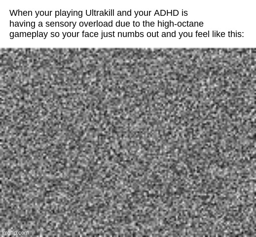 A complete and utter destruction of the senses (does anybody experience this when playing high octane games) | When your playing Ultrakill and your ADHD is having a sensory overload due to the high-octane gameplay so your face just numbs out and you feel like this: | image tagged in static,adhd memes,neurodivergents | made w/ Imgflip meme maker