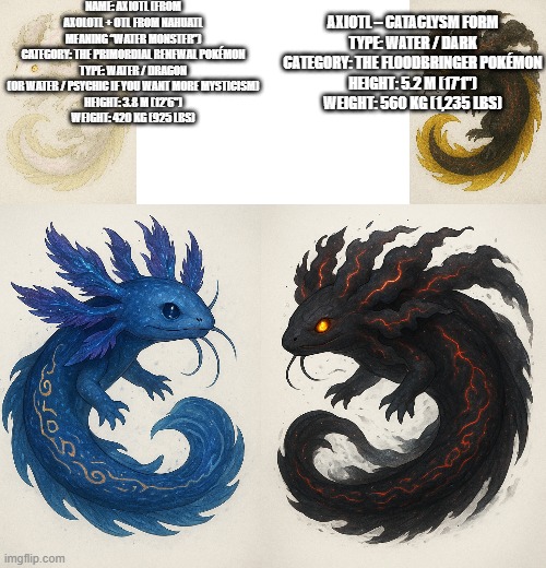 Axiotl my new fakemon | NAME: AXIOTL (FROM AXOLOTL + OTL FROM NAHUATL MEANING “WATER MONSTER”)
CATEGORY: THE PRIMORDIAL RENEWAL POKÉMON
TYPE: WATER / DRAGON (OR WATER / PSYCHIC IF YOU WANT MORE MYSTICISM)
HEIGHT: 3.8 M (12'6")
WEIGHT: 420 KG (925 LBS); AXIOTL – CATACLYSM FORM
TYPE: WATER / DARK
CATEGORY: THE FLOODBRINGER POKÉMON
HEIGHT: 5.2 M (17'1")
WEIGHT: 560 KG (1,235 LBS) | image tagged in pokemon,fakemon | made w/ Imgflip meme maker