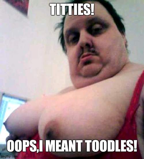 big man boobs | TITTIES! OOPS,I MEANT TOODLES! | image tagged in big man boobs | made w/ Imgflip meme maker