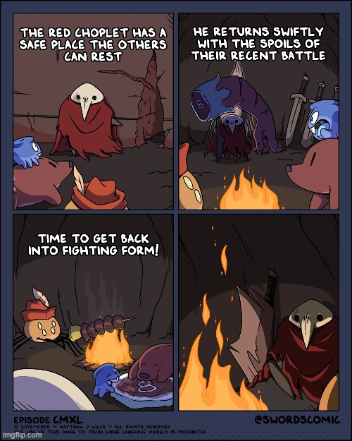 Thank goodness the team is okay! | image tagged in swords,monster,team,rest,food,campfire | made w/ Imgflip meme maker