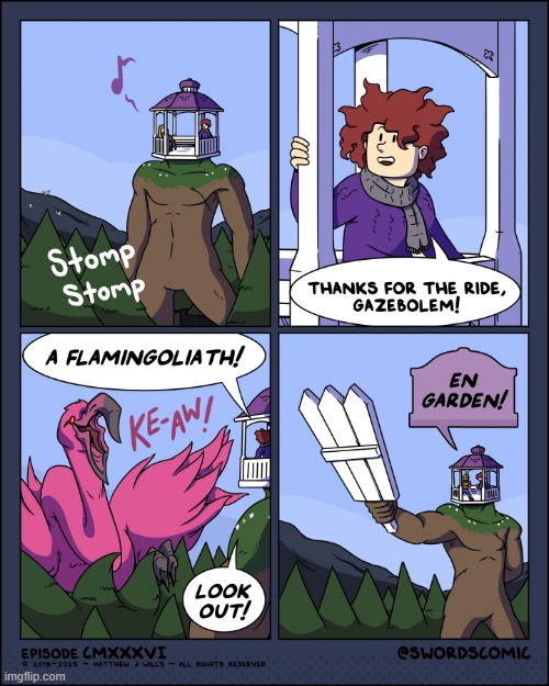 image tagged in gazebo,golem,flamingo,sword,fence,en garde | made w/ Imgflip meme maker