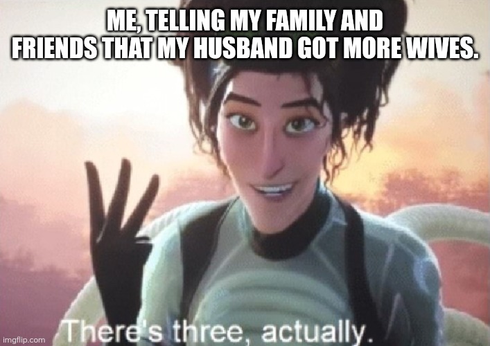 Three | ME, TELLING MY FAMILY AND FRIENDS THAT MY HUSBAND GOT MORE WIVES. | image tagged in there's three actually,memes,polygamy,polygyny,wives | made w/ Imgflip meme maker